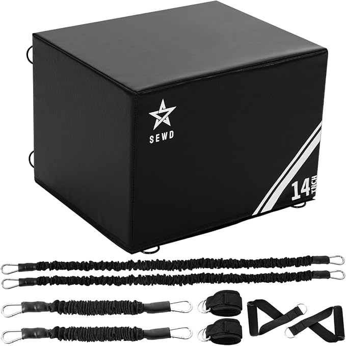 SEWD 3-in-1 Foam Plyometric Box, High Density Exercise Platform, 14-inch Multi-Functional Workout Box with Resistance Bands, Exercise Handle and Ankle Strap.