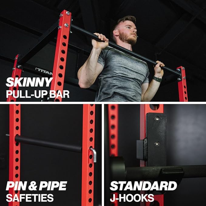 Titan Fitness T-2 Series Short Power Rack, Skinny Pull Up Bar, Pin and Pipe Safeties, Standard J-Hooks, for Home Garage Gym Weightlifting and Strength Training