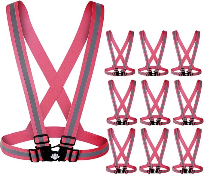Dazonity High Visibility Safety Vest,10 Packs,Lightweight,Adjustable & Elastic Vest,Hi Vis Reflective Strips, Fit for Men & Women, Construction,Cycling, Runnning, Surveyor, (Pink)
