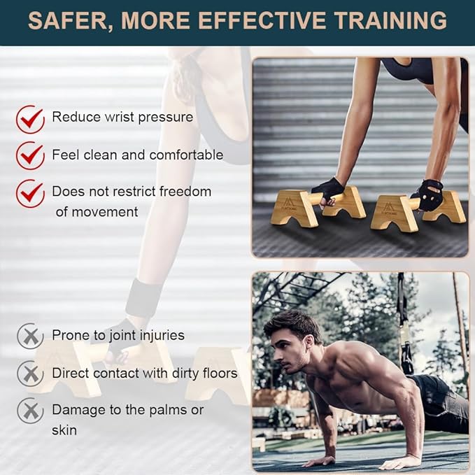 flintronic Wooden Parallettes, Fitness Push Up Bars, Solid Wood Parallettes Bars with Non-Slip Mat, Handstand Bar Push Up, Wrist Straps, for Home Workout Equipment for Strength Training, Gymnastics