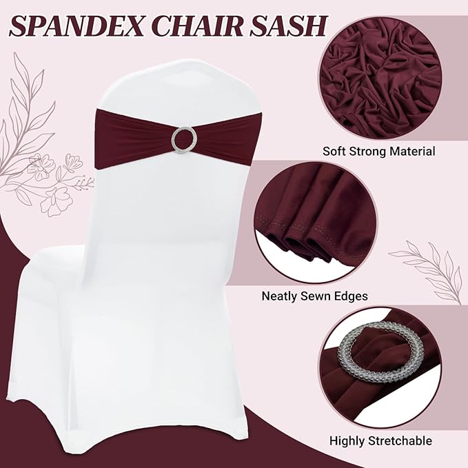 VDS - Burgundy | Spandex Chair Sashes Bows | 25 PCS | Stretch Elastic Banquet Universal Folding Chair Band Tie with Silver Buckle Slider for Wedding Party Conference Celebration Event Decoration