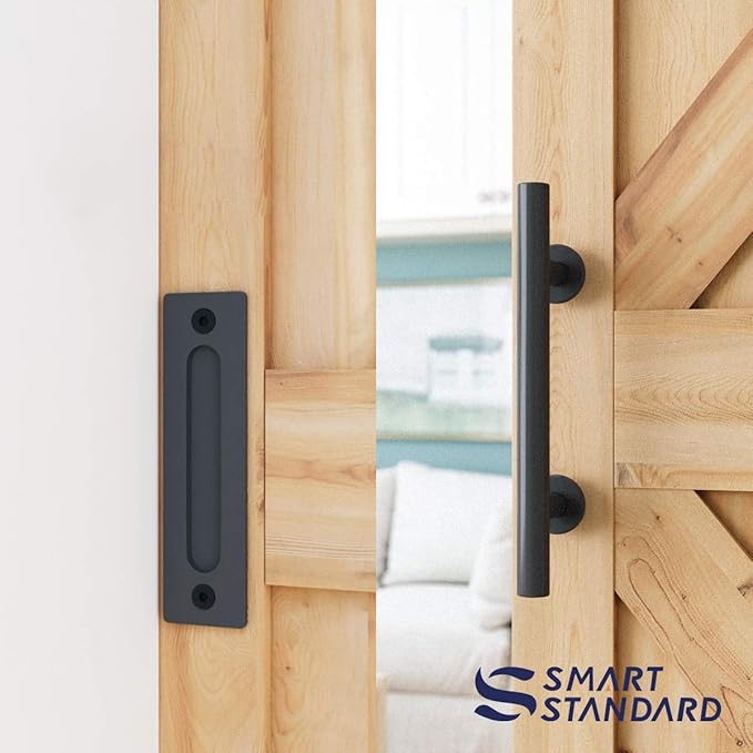 SMARTSTANDARD 4 FT Heavy Duty Sturdy Sliding Barn Door Hardware Kit, Black, (Whole Set Includes 1x Pull Handle Set & 1x Floor Guide) Fit 24" Wide Door Panel (I Shape Hanger)