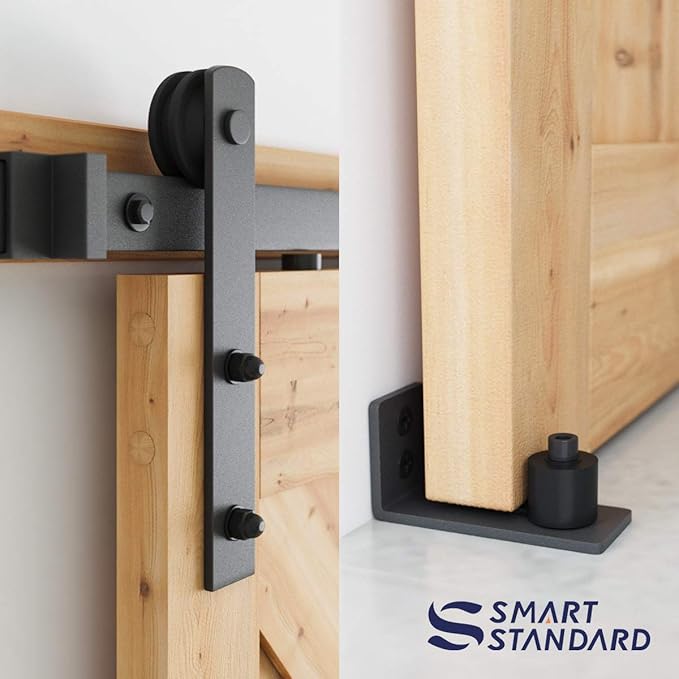 SMARTSTANDARD 6 FT Heavy Duty Sturdy Sliding Barn Door Hardware Kit, Black, (Whole Set Includes 1x Pull Handle Set & 1x Floor Guide) Fit 34''-36" Wide Door Panel (I Shape Hanger)