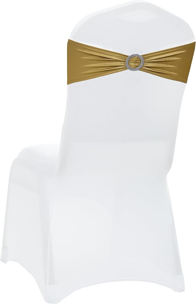 VDS - Gold Glitter | Spandex Chair Sashes Bows | 200 PCS | Stretch Elastic Banquet Universal Folding Chair Band Tie with Silver Buckle Slider for Wedding Party Conference Celebration Event Decoration