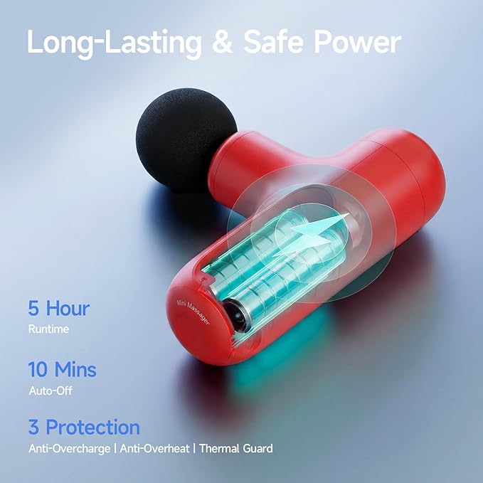 HEYCHY Super Mini Massage Gun Deep Tissue, Handheld Percussion Massager with 4 Heads, Travel Size Muscle Massager Gun for Men & Women Back Pain Relief, Quiet for Home, Gym, Office, Red