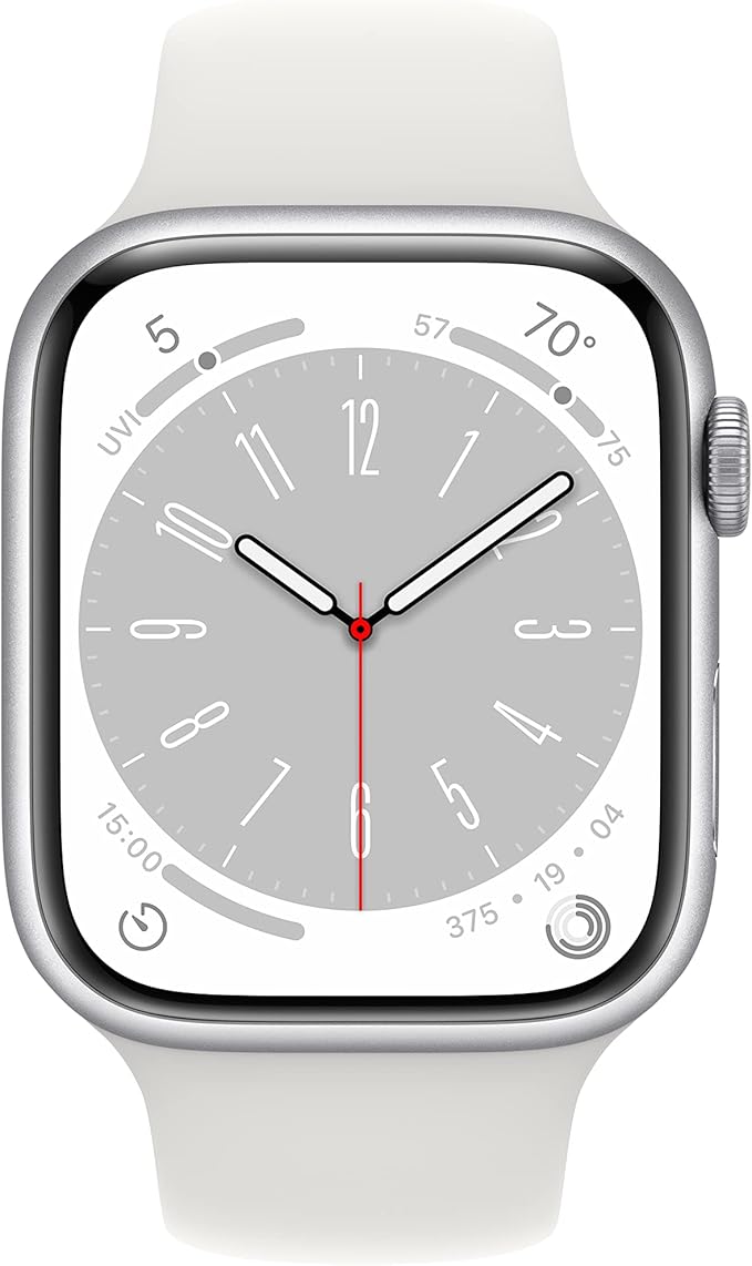 Apple Watch Series 8 [GPS, 45mm] Silver Aluminum Case with White Sport Band, M/L (Renewed)