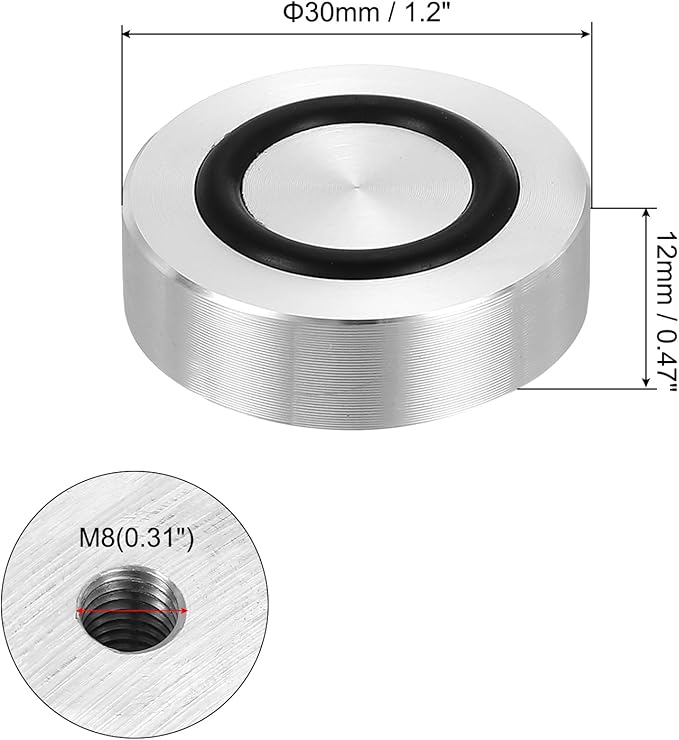 uxcell M8 Thread 30mm / 1.2" Dia 12mm Thick Aluminum Circle Disc Glass Top Adapter 4pcs Round Solid Table Feet Pad Plate Hardware with Anti-Slip Rubber Ring