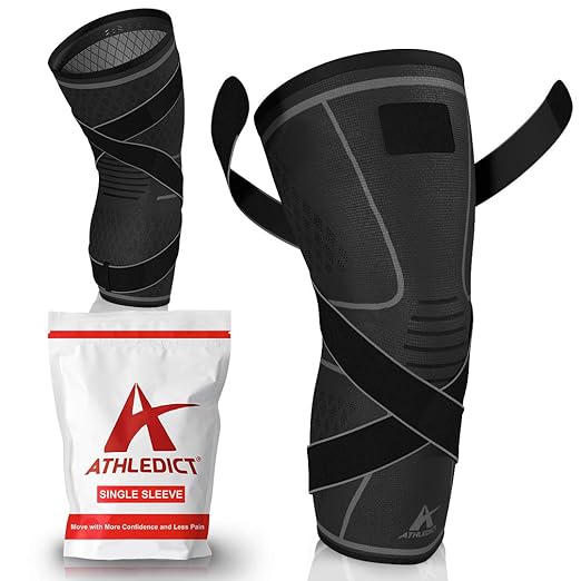 ATHLEDICT Knee Brace Compression Sleeve with Strap for Best Support & Pain Relief for Meniscus Tear, Arthritis, Running, Basketball, MCL, Jogging and Recovery for Men & Women (Black, Medium)