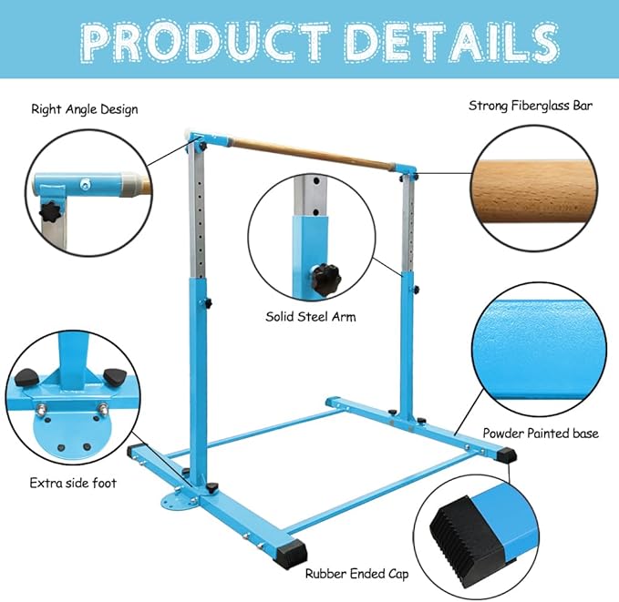 Gymnastics Bar for Kids Girls Ages 3-15 with Ring for Home Indoor Training Equipment- Steady Steel Construction, Anti-Slip, Easy to Assemble, 3' to 5' Adjustable Height