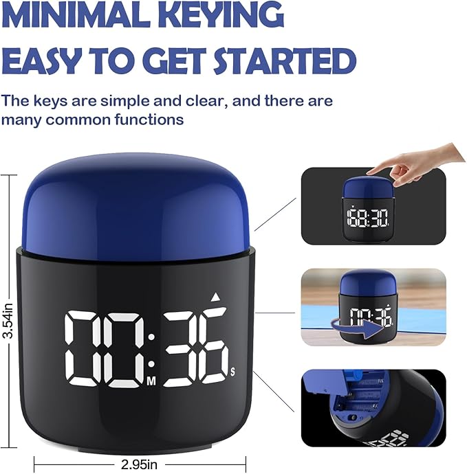 Large Display Digital Timer Stopwatch, Retro Manual Twist Table Count Down & Up Game Timer, Easy to use, Night Light Silent & Sound Timers for ADHD Study Work Kitchen Classroom Yoga Gym (Navy)