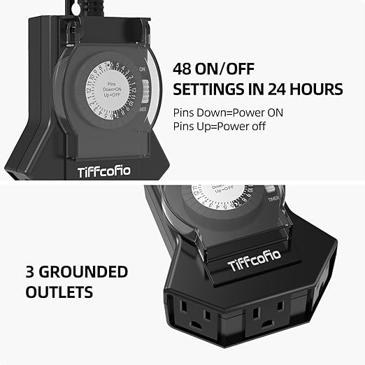 TiFFCOFiO Outdoor Timer Outlet Waterproof, 24 Hour Mechanical Light Timer Outdoor, 3 Grounded Outlets for Home and Garden, 15A 1/2HP, Heavy Duty, ETL Listed (1 Pack)