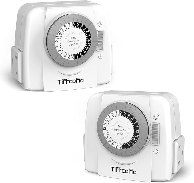 TiFFCOFiO Indoor Mechanical Outlet Timer, 3 Prong Timers for Electrical Outlets, 24-Hour Programmable Plug in Light Timer, ETL Listed (2 Outlets, 2 Packs)
