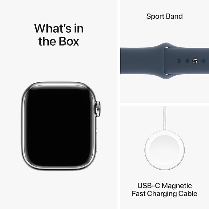Apple Watch Series 9 [GPS + Cellular 41mm] Smartwatch with Silver Stainless Steel Case with Storm Blue Sport Band S/M. Fitness Tracker, Blood Oxygen & ECG Apps, Always-On Retina Display
