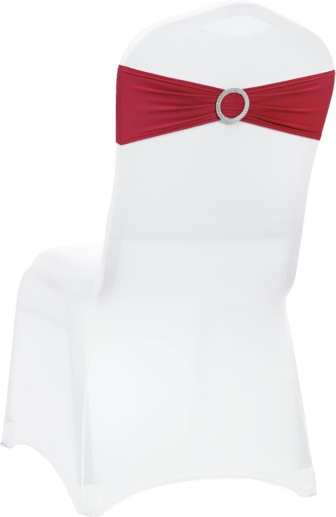 VDS - Apple Red | Spandex Chair Sashes Bows | 50 PCS | Stretch Elastic Banquet Universal Folding Chair Band Tie with Silver Buckle Slider for Wedding Party Conference Celebration Event Decoration