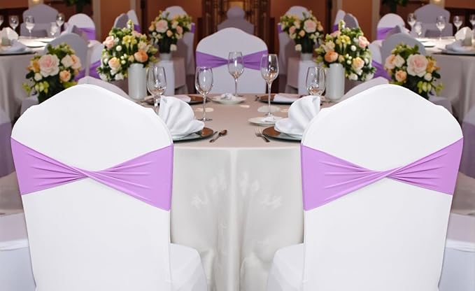 MDS Pack of 250 Spandex Chair Sashes Bows Elastic Stretch Dining Chair Bands Ties Without Slider Buckle Universal fits for Wedding Baby Shower Birthday Party Banquet Event Decoration - Light Purple