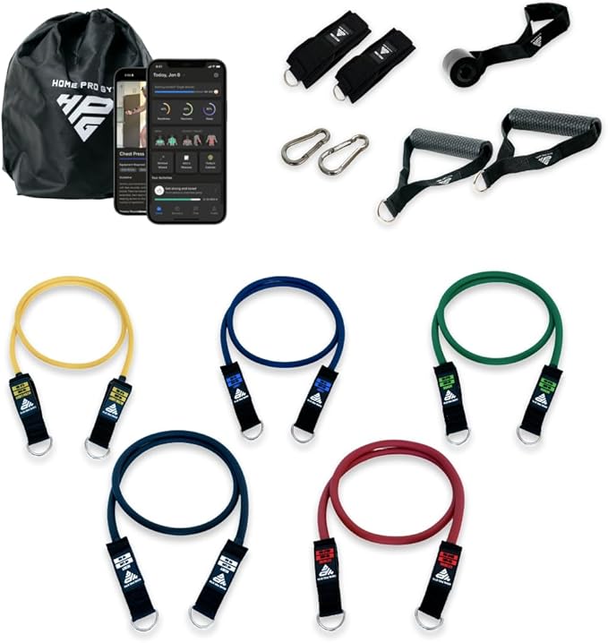 HomeProGym Stackable Resistance Band Set - with Up to 450LBS of Resistance, Band Bar, Premium Handles, Heavy Duty Door Anchor, Padded Ankle Straps, Digital Workout Guide