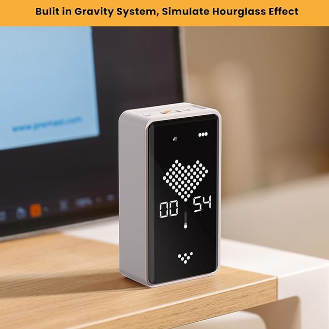 Digital Visual Timer for Kids, 0-99mins Sand Timer with Gravity Sensor, Hourglass Animation, Type-C Rechargeable Magnetic Visual Timer for Classroom, Cooking, Fitness, Baking, ADHD(White)
