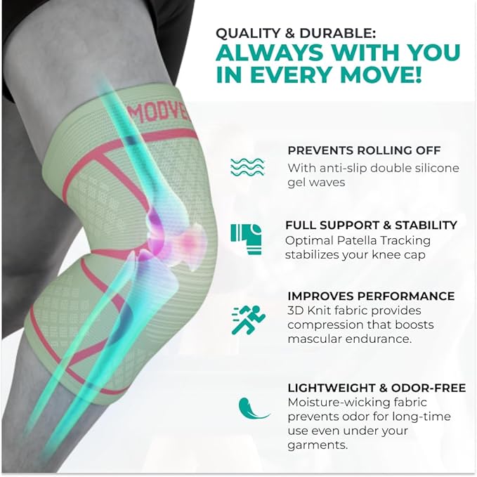 Modvel Knee Braces for Women & Men – 2 Pack Brace Set, Compression Sleeves for Meniscus Tear, ACL & Arthritis Pain Relief, Joint Support and Stability – Cream/Pink L