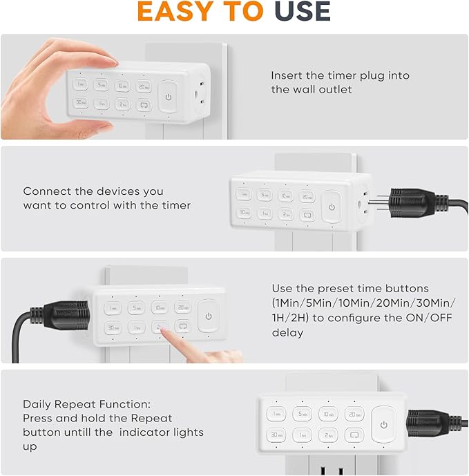 TOPELER Countdown Timer Dual Outlet, Programmable Electrical Timers Outlets with Repeat Function, Up to 4H for Lights, Fan, Appliance, Electric Bike, 3-Prong, 15A/1875W, ½ HP, 2 Pack