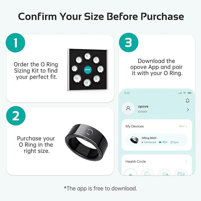 opove O Ring Smart Ring, Fitness Trackers Rings with Sleep/Stress/Heart Rate/Women's Health Monitoring, Comfortable Wearing, Up to 7 Days Using, Fitness Ring for Android & iOS, Black-Size6
