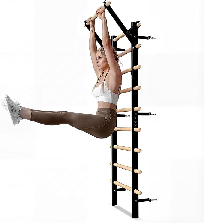 GMWD Swedish Ladder, Stall Bar, Suspension Trainer with Pull-Up Bar and Dip Bar Attachments, Wooden Stall Bar with 9 Strategic Rods for Core Strengthening and Stretching Balanced for Body Exercises