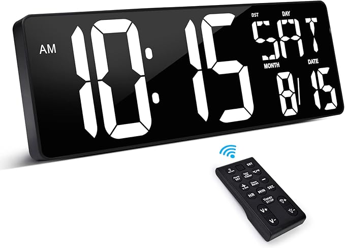 XREXS Large Digital Wall Clock with Remote Control, 17.2 Inch LED Large Display Count Up & Down Timer, Adjustable Brightness Plug-in Alarm Clock with Day/Date/Temperature for Living Room, Office, Gym