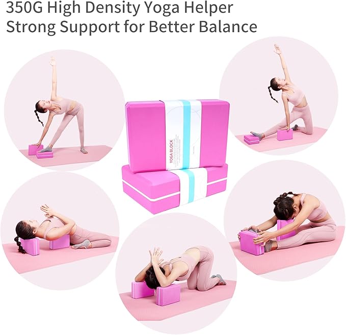 2 Pack Yoga Blocks 350g High Density, Non-Slip EVA Foam Brick with Bonus 11 loops Yoga Strap & Carry Bag, Pilates Block Set for Balance, Flexibility, Meditation, Home Gym & Studio