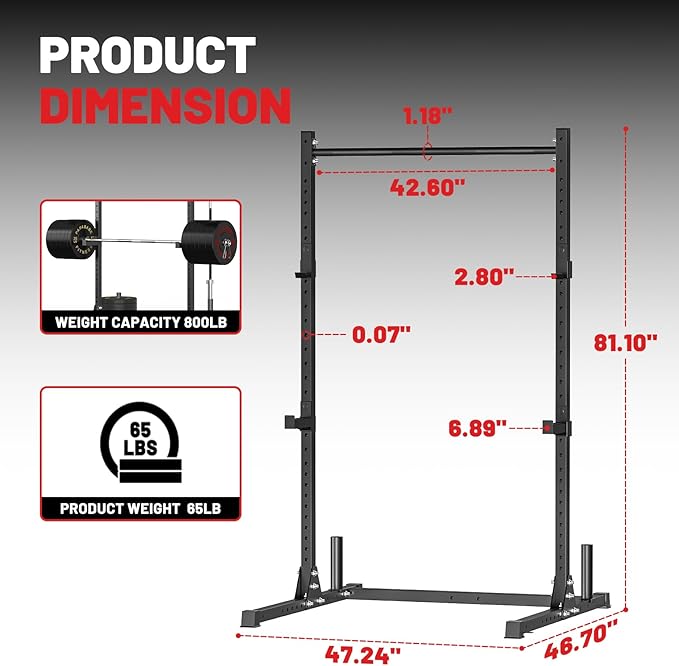 papababe Squat Rack with Pull Up Bar for Home Gym, Adjustable Power Cage with J-Hooks, 800LB Capacity Multi-Functional Bench Press Power Rack for 6FT, 7FT Barbell, Weight Lifting Rack