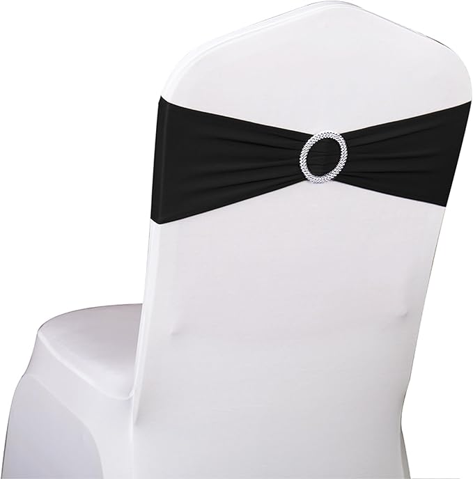 50 Pack Spandex Black Chair Sashes with Buckles for Wedding Chairs Bows Bands for Party Birthday Feast Retirement Banquet Restaurant Outdoor Event Decorations