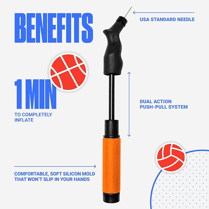 SPORTBIT Ball Pump for Sports Balls - Push & Pull Inflating System - Hand Pump for All Exercise Balls - Volleyball Pump, Basketball Inflator, Football & Soccer Ball Air Pump - Goes with 5 Needles Set