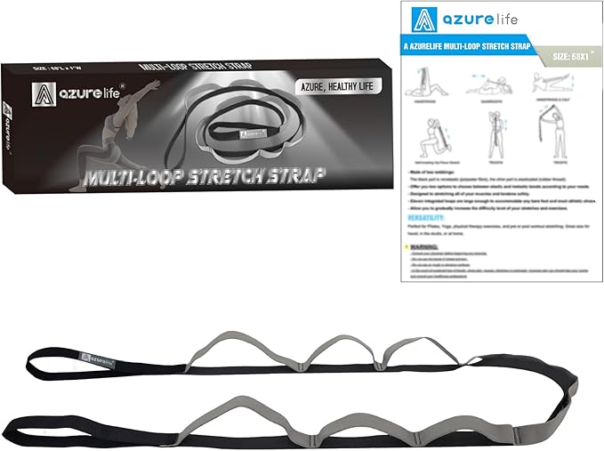 A AZURELIFE Half-Elastic Stretch Straps with 11 Loops, Stretching Strap for Physical Therapy, Multi-Loop Yoga Strap Fitness Exercise Strap for Yoga, Pilates, Dance, Flexibility&Exercise