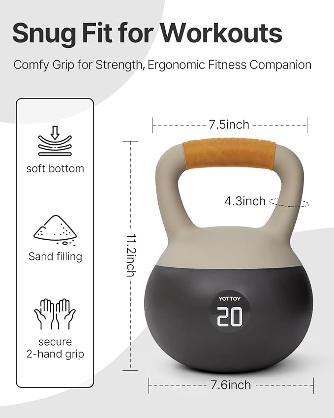 YOTTOY Soft Kettlebell with Leather Handle – Anti-Slip Sweat-Absorbing Grip, Home Gym Kettlebell Weights for Strength Training, Safe Neoprene Kettlebell for Women & Men