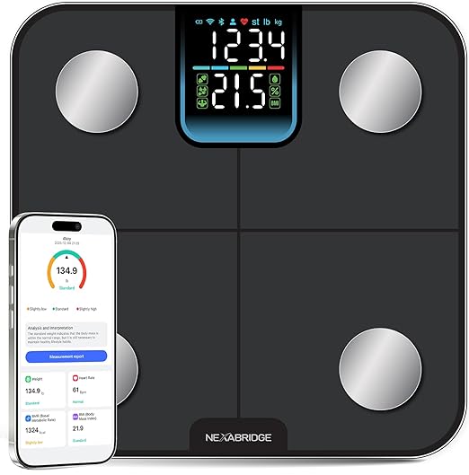 Smart Scale for Body Weight, BMI, Body Fat, Muscle Mass, 7-in-1 Large Display Digital Bathroom Scale, 25 Body Composition Analysis, Sync App, Bluetooth, 400 lbs - Nexa 3