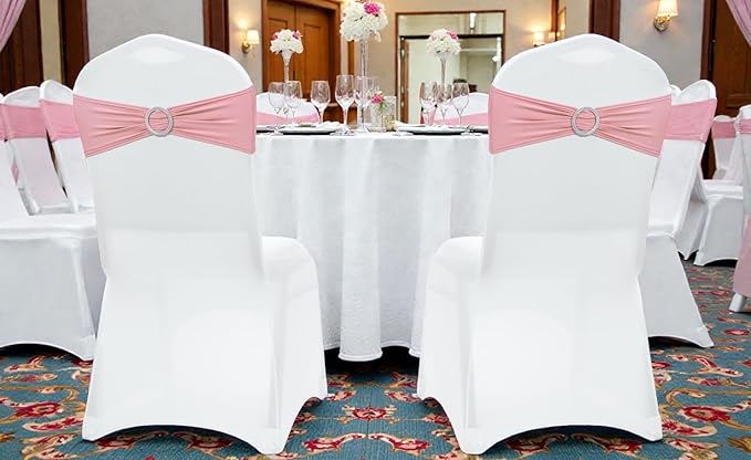 MDS Pack of 150 Spandex Chair Sashes Bows Universal fits Elastic Stretch Chair Bands Ties with Buckle Slider Bow for Wedding Decoration Spandex Slider Sashes Bow - Dusty Rose
