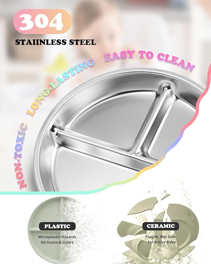 Stainless Steel Kids Plates with Lid 2 Packs, Deepened 9" Portion Control Plate Divided Plate for Adults Bariatric Weight Loss & Diabetic Diet, Non Toxic Unbreakable Toddlers Lunch Dishes