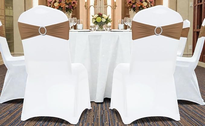 VDS - Mocha | Spandex Chair Sashes Bows | 300 PCS | Stretch Elastic Banquet Universal Folding Chair Band Tie with Silver Buckle Slider for Wedding Party Conference Celebration Event Decoration