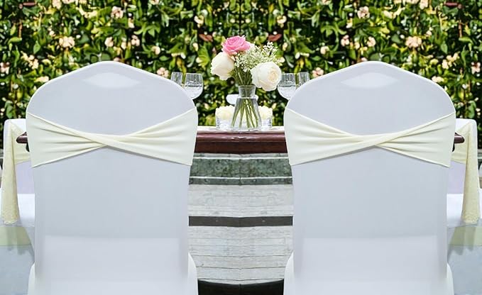 VDS Pack of 25 PCS | Ivory | Spandex Chair Sashes Bows Without Buckle | Stretch Elastic Banquet Universal Folding Chair Band Tie with for Wedding Party Conference Celebration Event Decoration