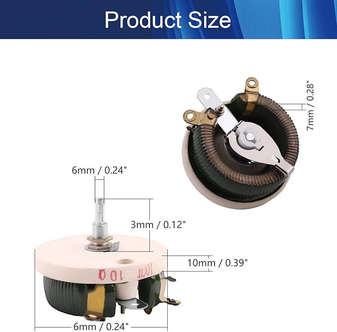 Jutagoss 100W 10 Ohm Rheostat, Wirewound Ceramic Potentiometer, Round Variable Sliding Resistor with Black Knob, Adjustable Resistor 1Pc