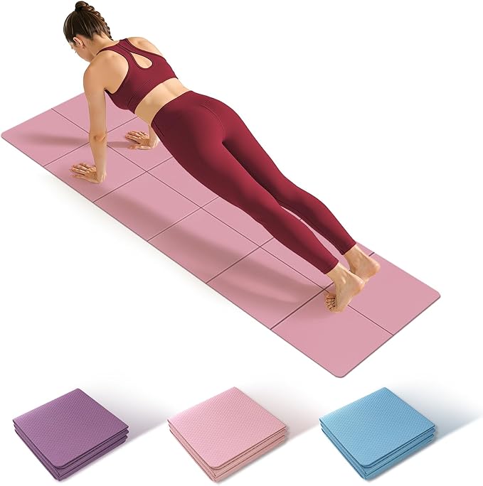 Foldable Yoga Mat Thick Non-Slip Exercise Mat - Packable Travel Fitness Mat with Carrying Bag for Yoga, Pilates, Workout, Home & Gym