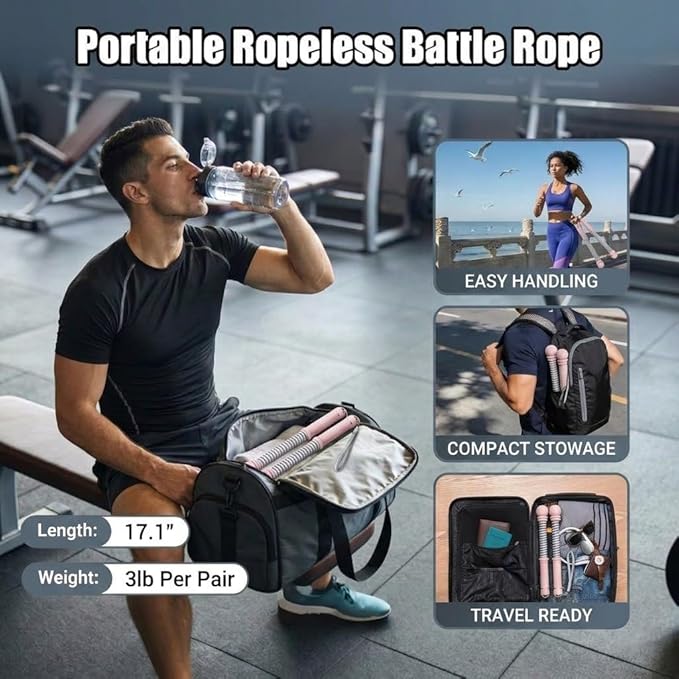 Portable Cordless Battle Ropes (Adjustable Weights) – Ropeless Weighted Exercise Equipment for Home Gym with Storage Bag | Low-Impact Workout, Strength & HIIT Training for Men & Women
