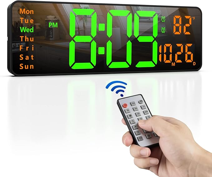 Zgrmbo 16" Digital Wall Clock with Remote Control, Large Digital Clock with Date, Week, Temperature, Alarm, Timer, Electric Wall Clock for Living Room, Bedroom, Decor, Gift for Elderly