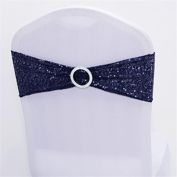 Dimatic 25 PCS Stretch Sequin Chair Sashes Chair Stretchy Spandex Bands for Wedding Reception Events Banquets Chairs Decoration (Navy)