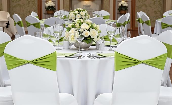 MDS Pack of 125 Spandex Chair Sashes Bows Elastic Stretch Dining Chair Bands Ties Without Slider Buckle Universal fits for Wedding Baby Shower Birthday Party Banquet Event Decoration - Apple Green
