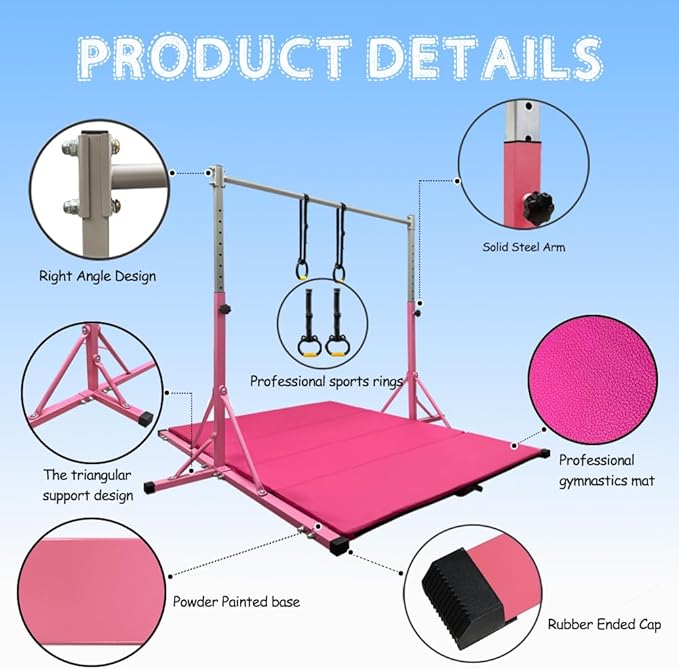 Gymnastics Bar for Kids Girls Ages 3-15 with Ring for Home Indoor Training Equipment- Steady Steel Construction, Anti-Slip, Easy to Assemble, 3' to 5' Adjustable Height
