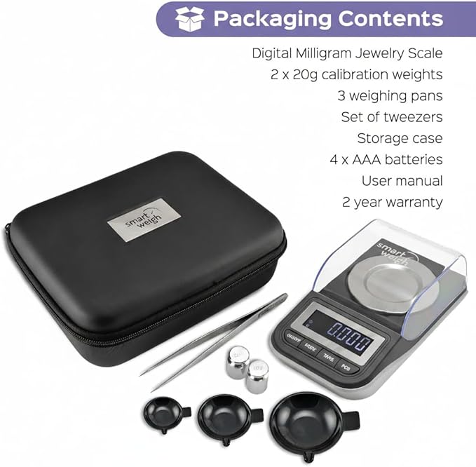Smart Weigh 50g x 0.001 Grams, Premium High Precision Digital Milligram Scale, Includes Tweezers, Calibration Weights,Three Weighing Pans and Case