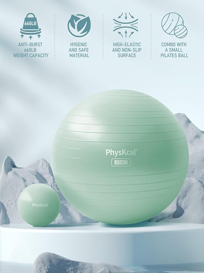 PhysKcal Yoga Ball for Exercise, Pilates Set, 4 Sizes Fitness Ball for Workout, Birthing, Pregnancy, Physical Therapy- Pump Included