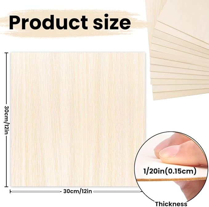 DIYDEC 12 Pack Basswood Sheets 12 x 12 x 1/16 Inch Thin Wooden Sheet Unfinished Wooden Squares Boards Balsa Plywood Wood Sheets for Crafts Architectural Models Laser Cutting Wood Burning and Drawing