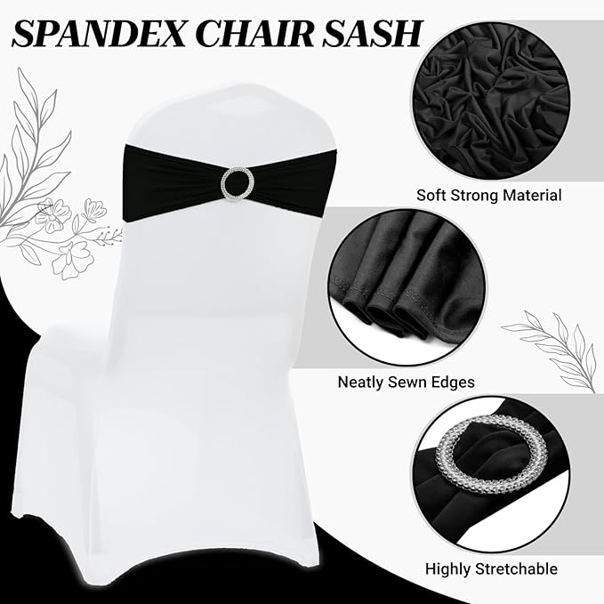 MDS Pack of 100 Spandex Chair Sashes Bow Premium Stretch Chair Cover Band with Buckle Slider Universal fits Elastic Dining Chair Ties for Wedding Party Banquet Events Decoration - Black