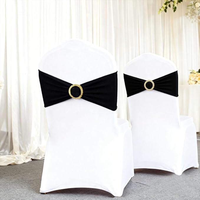 Black Chair Sashes 50 Pack with Gold Buckle Slider, Spandex Sashes for Folding Chairs Wedding Party Banquet Décor