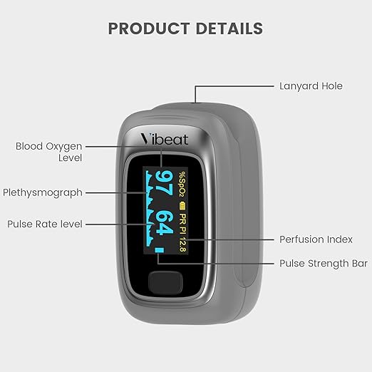 Fingertip Pulse Oximeter, Vibeat Portable SPO2 Monitor with Pulse Rate, Finger Blood Oxygen Saturation Meter with 12 Sets of Data Records, Gray